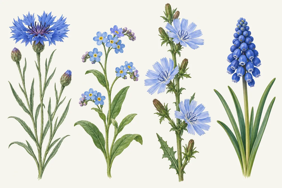 Illustration von vier Pflanzen mit blauen Blüten: Kornblume, Vergissmeinnicht, Wegwarte und Traubenhyazinthe