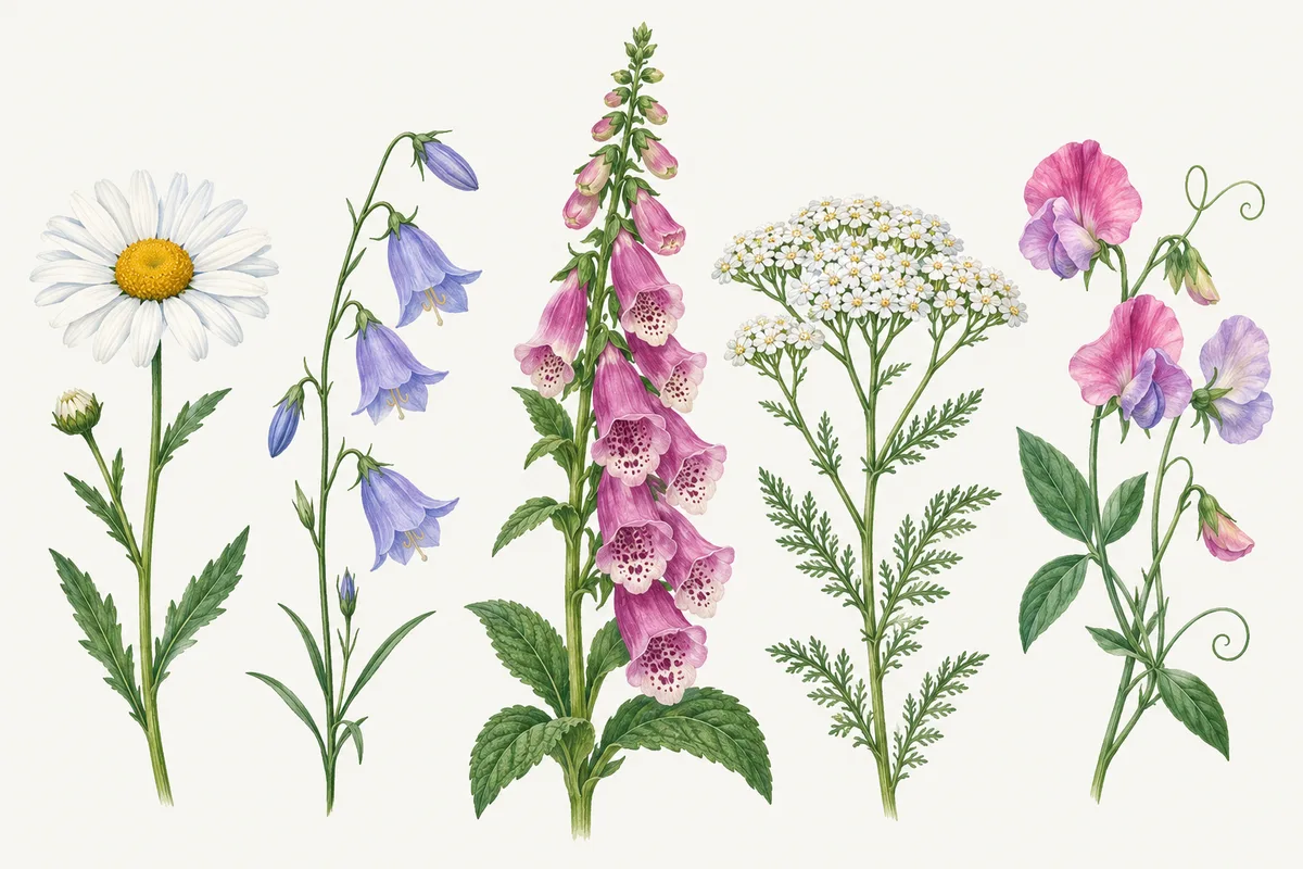 Five flowers side by side: a white oxeye daisy, blue harebells, a spike of pink foxglove, white yarrow and pink and lilac sweet peas.