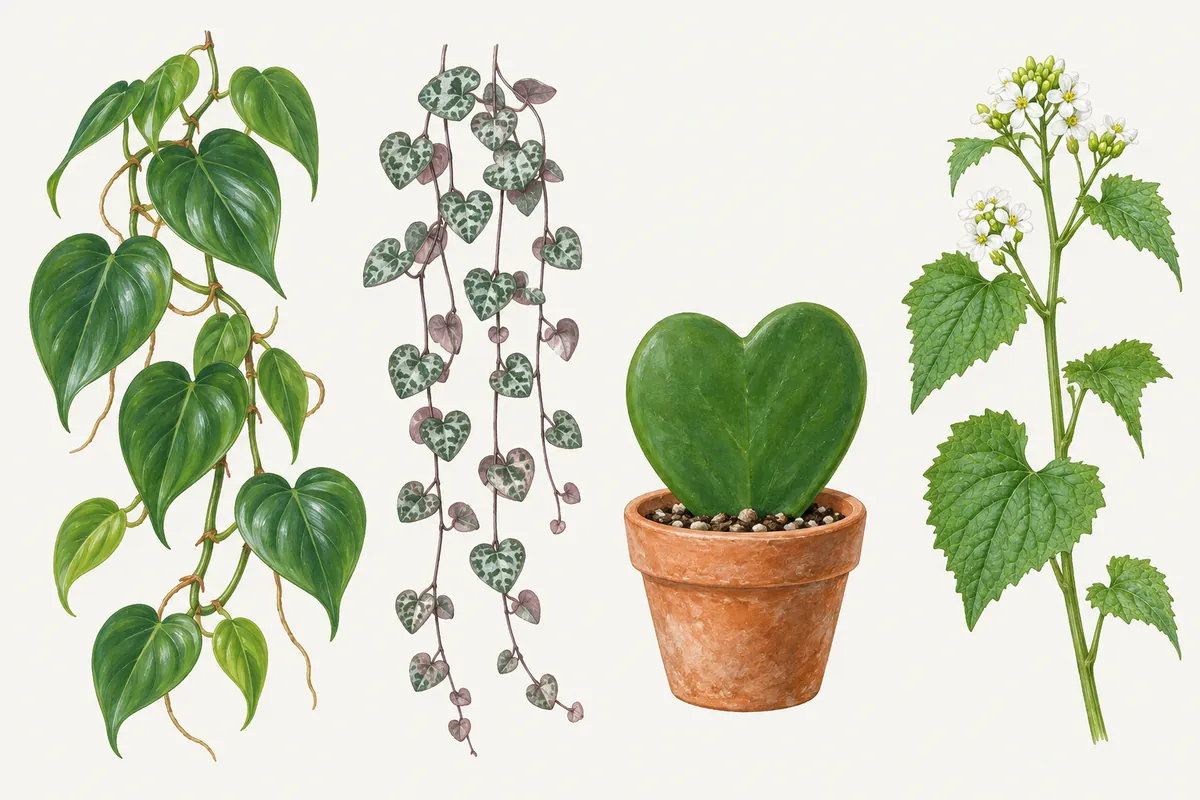 Illustration of plants with heart-shaped leaves: a trailing heartleaf philodendron, strands of string of hearts, a single Hoya kerrii leaf in a pot and a garlic mustard stem