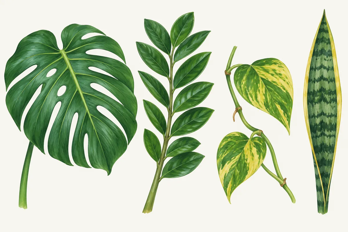 Four houseplant leaves side by side: a split monstera leaf, a ZZ plant stem with glossy leaflets, a variegated pothos vine and a banded snake plant leaf.