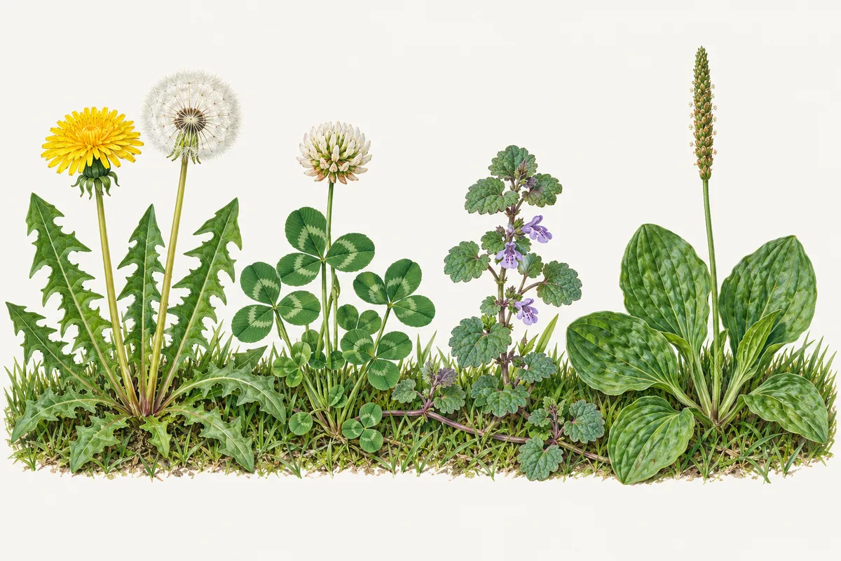 Four lawn weeds growing in turf: a dandelion with a yellow flower and a seed head, white clover, purple-flowered ground ivy and broadleaf plantain.