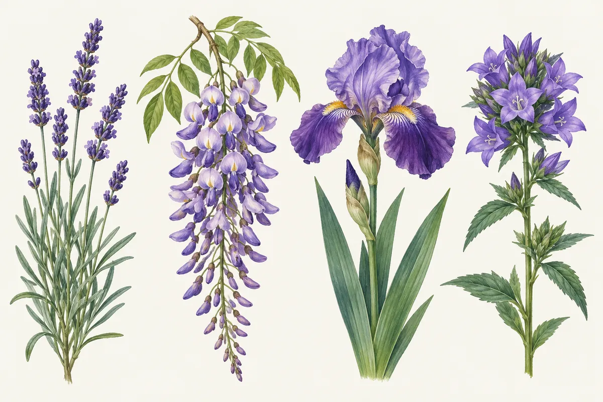 Illustration de quatre plantes à fleurs violettes : un brin de lavande, une grappe pendante de glycine, un iris barbu violet et une campanule agglomérée