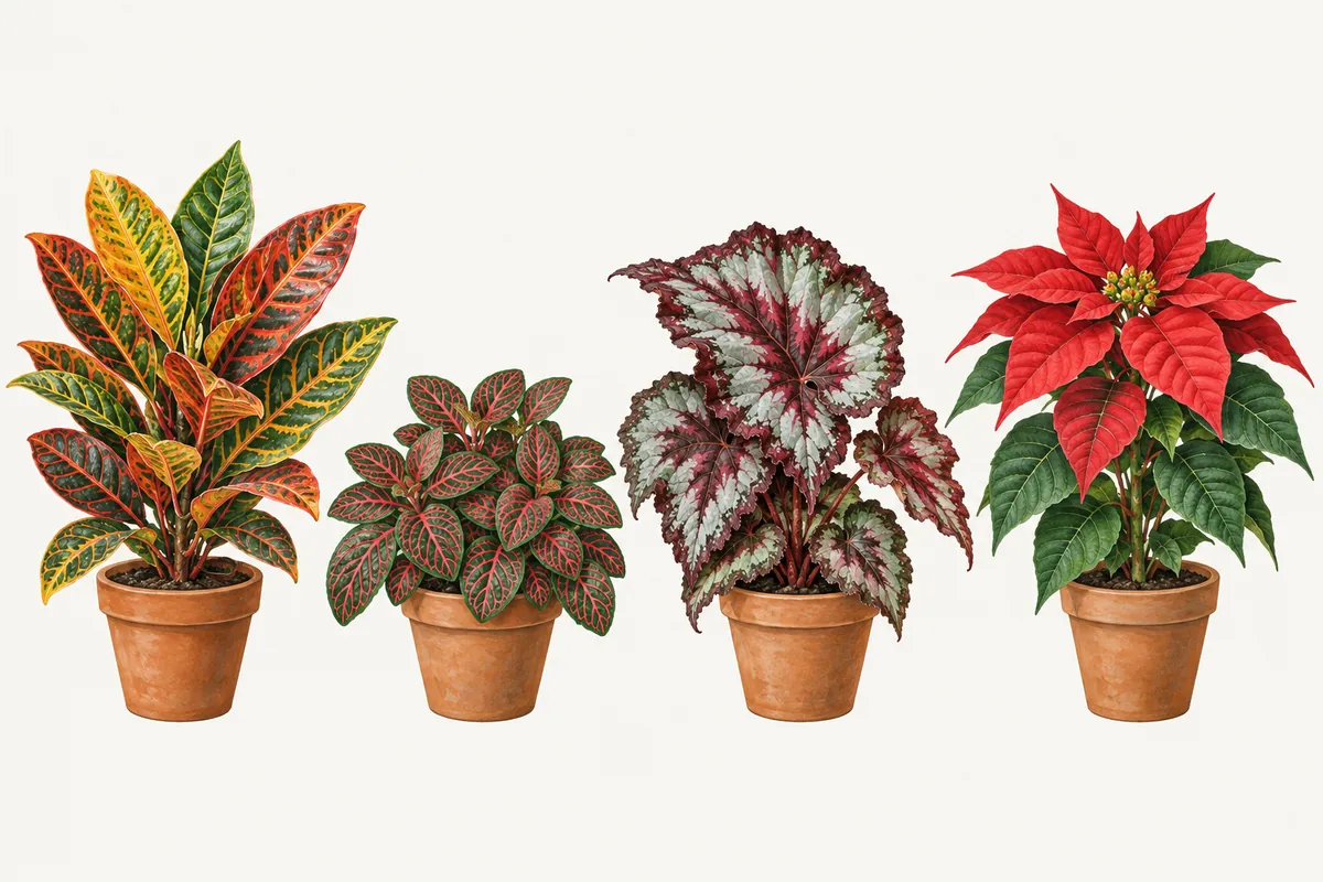 Illustrazione di quattro piante d'appartamento in vaso con foglie rosse: un croton, una fittonia a venature rosse, una begonia rex e una stella di Natale con brattee rosse