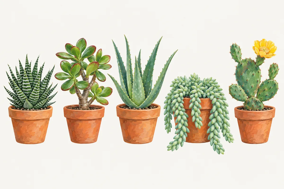 Five potted succulents in a row: a zebra haworthia, a jade plant, an aloe, a trailing burro's tail and a prickly pear cactus with a yellow flower.