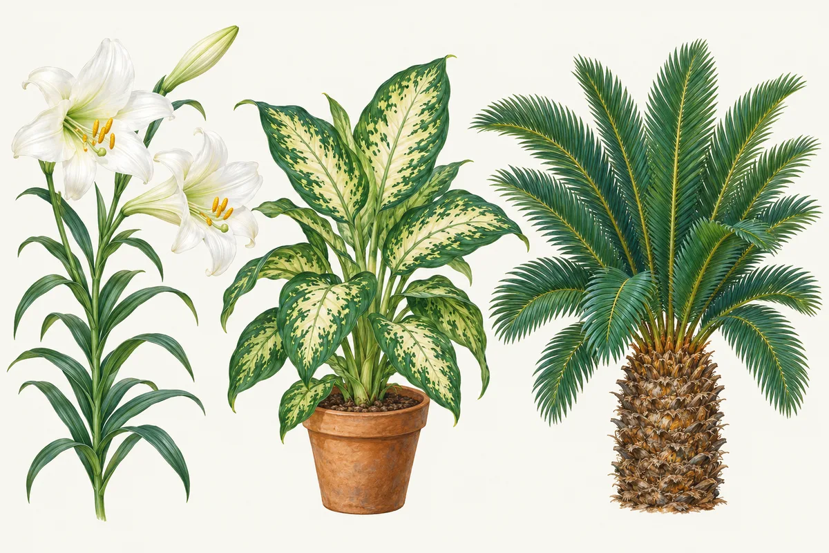 A white Easter lily in flower, a potted dumb cane with cream-blotched leaves, and a sago palm with a stout, scaly trunk.