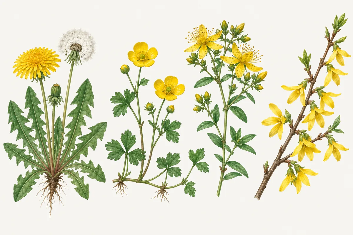 Illustrazione di quattro piante a fiori gialli: un tarassaco con il soffione, un ranuncolo strisciante, un iperico e un ramo di forsizia fiorito