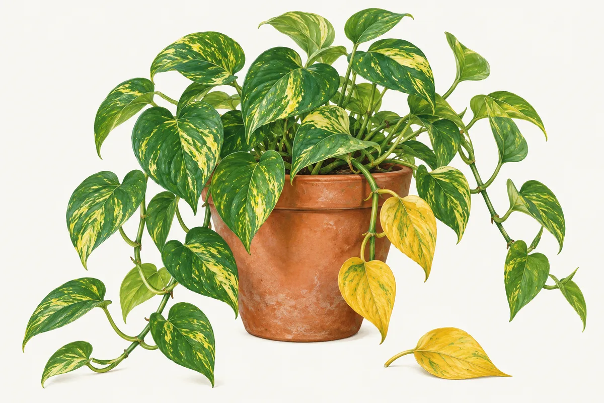 A potted golden pothos with trailing vines, two leaves turning yellow near the pot and one fallen yellow leaf beside it.