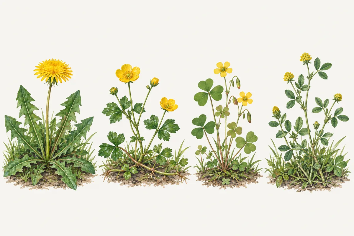 Illustration of four lawn weeds with yellow flowers: a dandelion rosette, creeping buttercup with runners, yellow wood sorrel and black medic