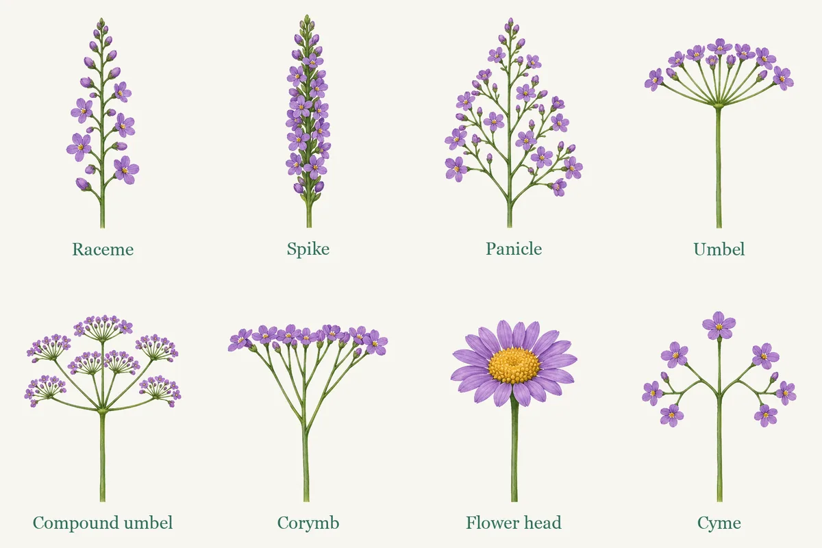 Inflorescence types chart with eight labelled flower arrangements: Raceme, Spike, Panicle, Umbel, Compound umbel, Corymb, Flower head, Cyme