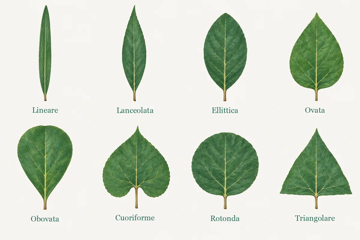 Schema delle forme della foglia con otto contorni etichettati: Lineare, Lanceolata, Ellittica, Ovata, Obovata, Cuoriforme, Rotonda, Triangolare